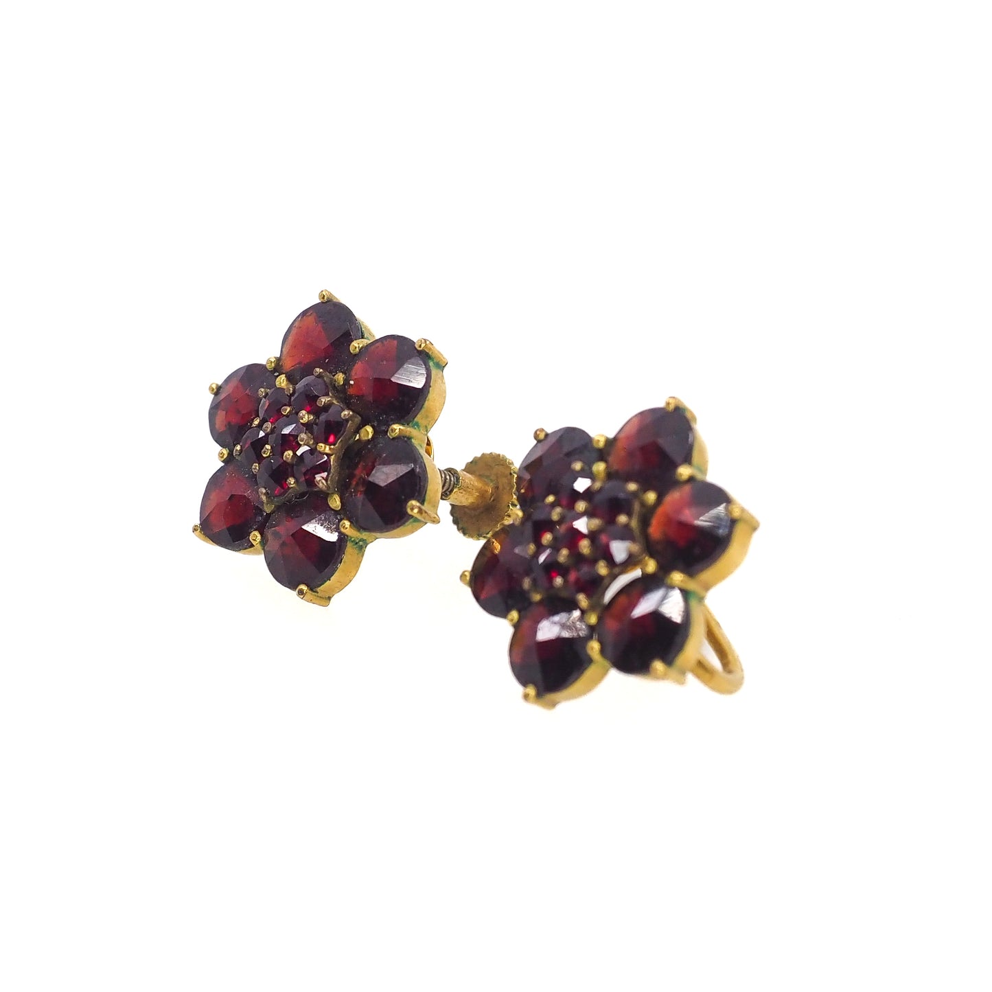 Vintage 1950s GERMANY Red Rose Cut Garnet and Gold Wash Cluster Screw Back Earrings