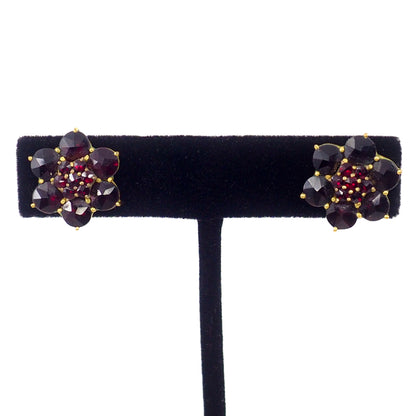 Vintage 1950s GERMANY Red Rose Cut Garnet and Gold Wash Cluster Screw Back Earrings