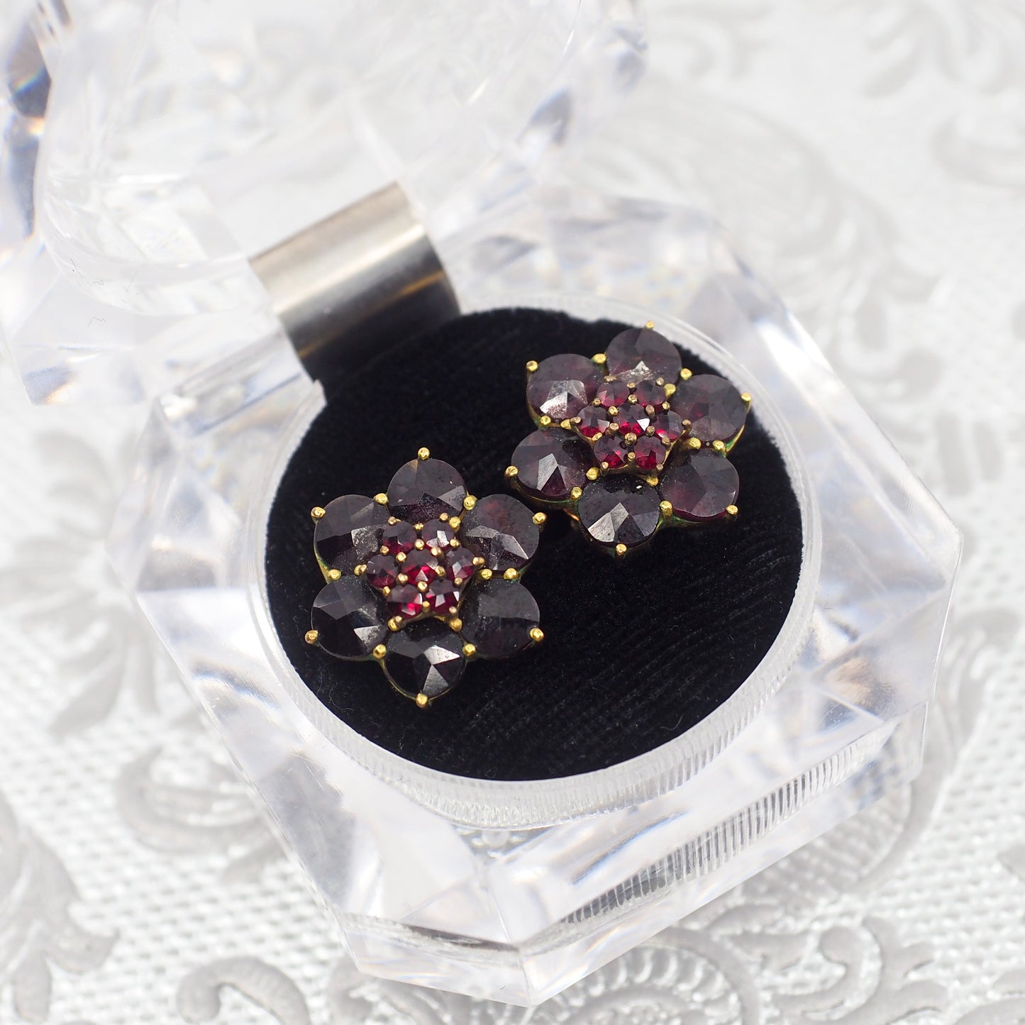 Vintage 1950s GERMANY Red Rose Cut Garnet and Gold Wash Cluster Screw Back Earrings