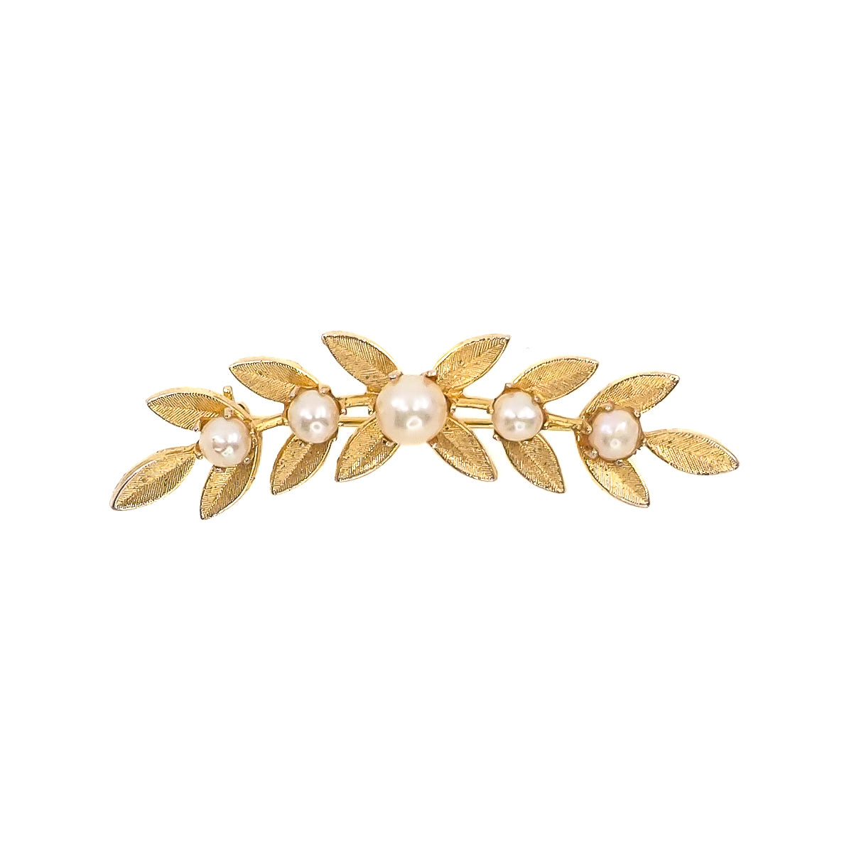 Vintage 1960s Cultured Japanese Akoya Pearl and Gold Plate Leaf Garland Brooch