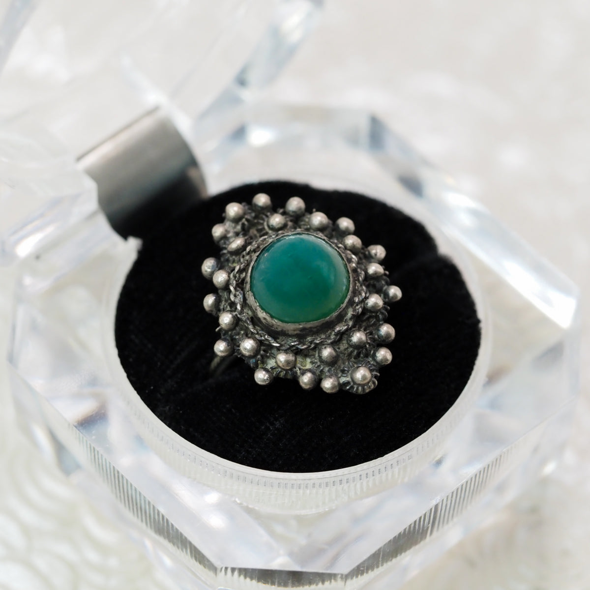 Vintage 1940s Green Chrysoprase and 800 Silver Cabochon Solitaire Marquise Ring Size 7.25 image 1