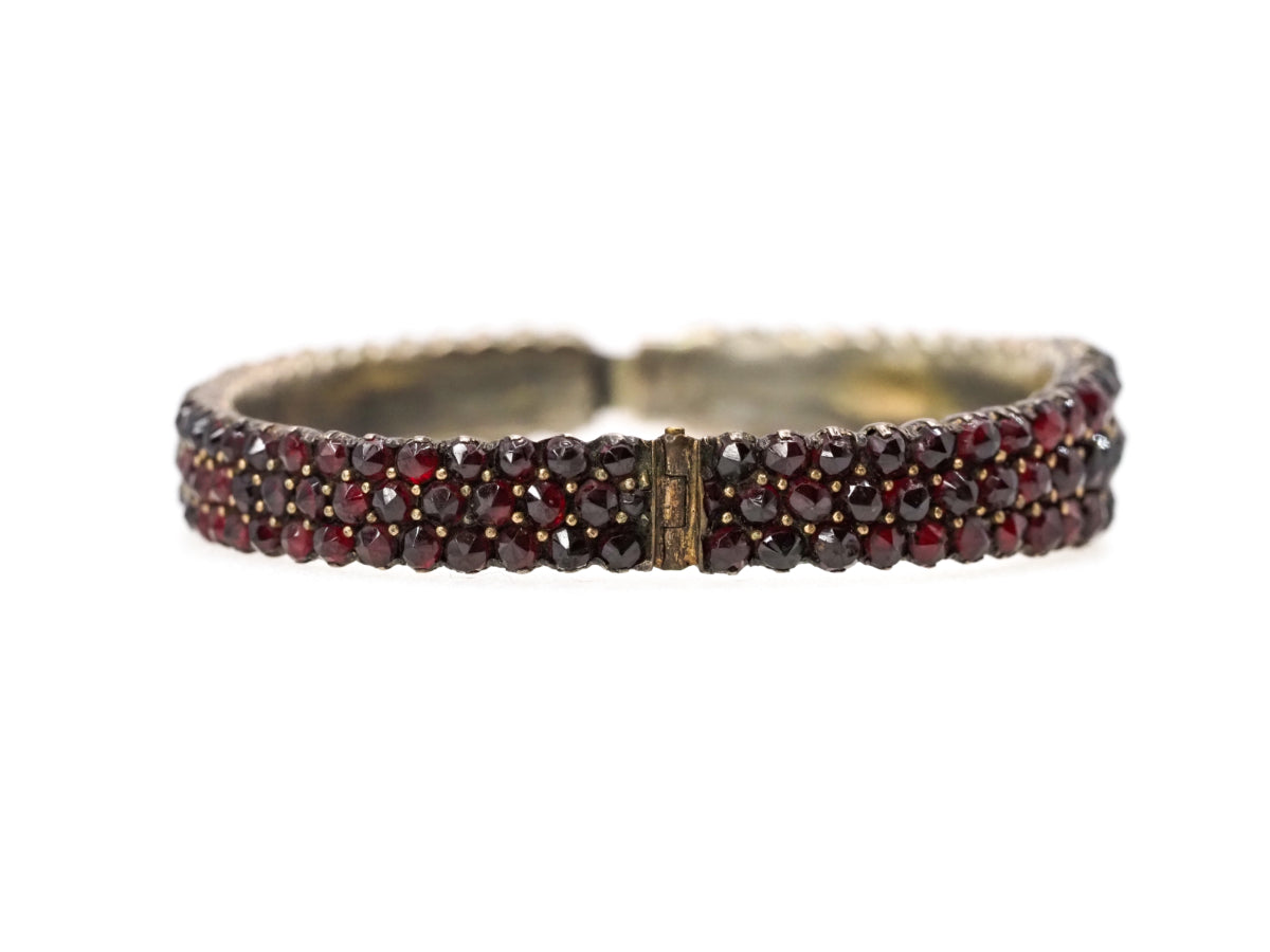 Antique 1900s Rose Cut Bohemian Garnet and Gilt Three Row Hinged Bangle 6.75" Bracelet image 7