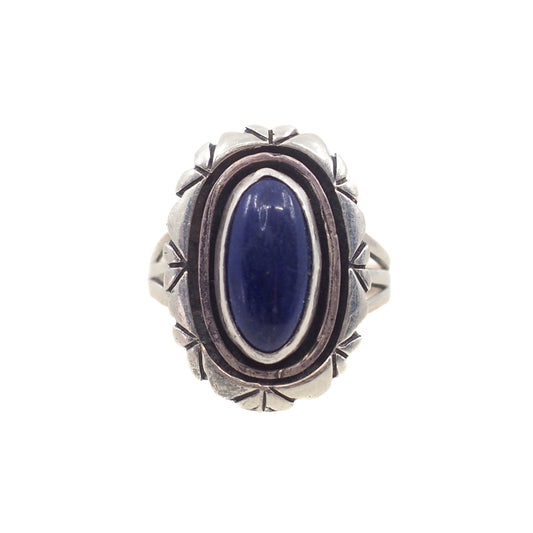 Vintage 1970s LESLIE YAZZIE Blue Lapis Lazuli Cabochon and Sterling Silver Solitaire Ring Size 6 image 0