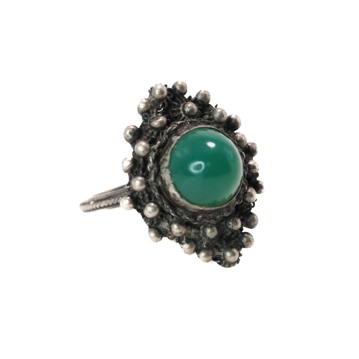 Vintage 1940s Green Chrysoprase and 800 Silver Cabochon Solitaire Marquise Ring Size 7.25 image 5