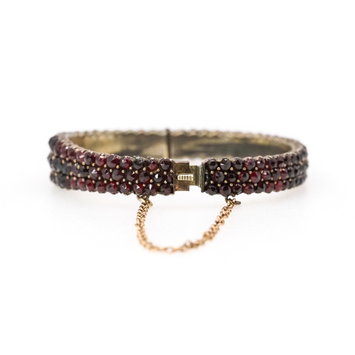 Antique 1900s Rose Cut Bohemian Garnet and Gilt Three Row Hinged Bangle 6.75" Bracelet image 6