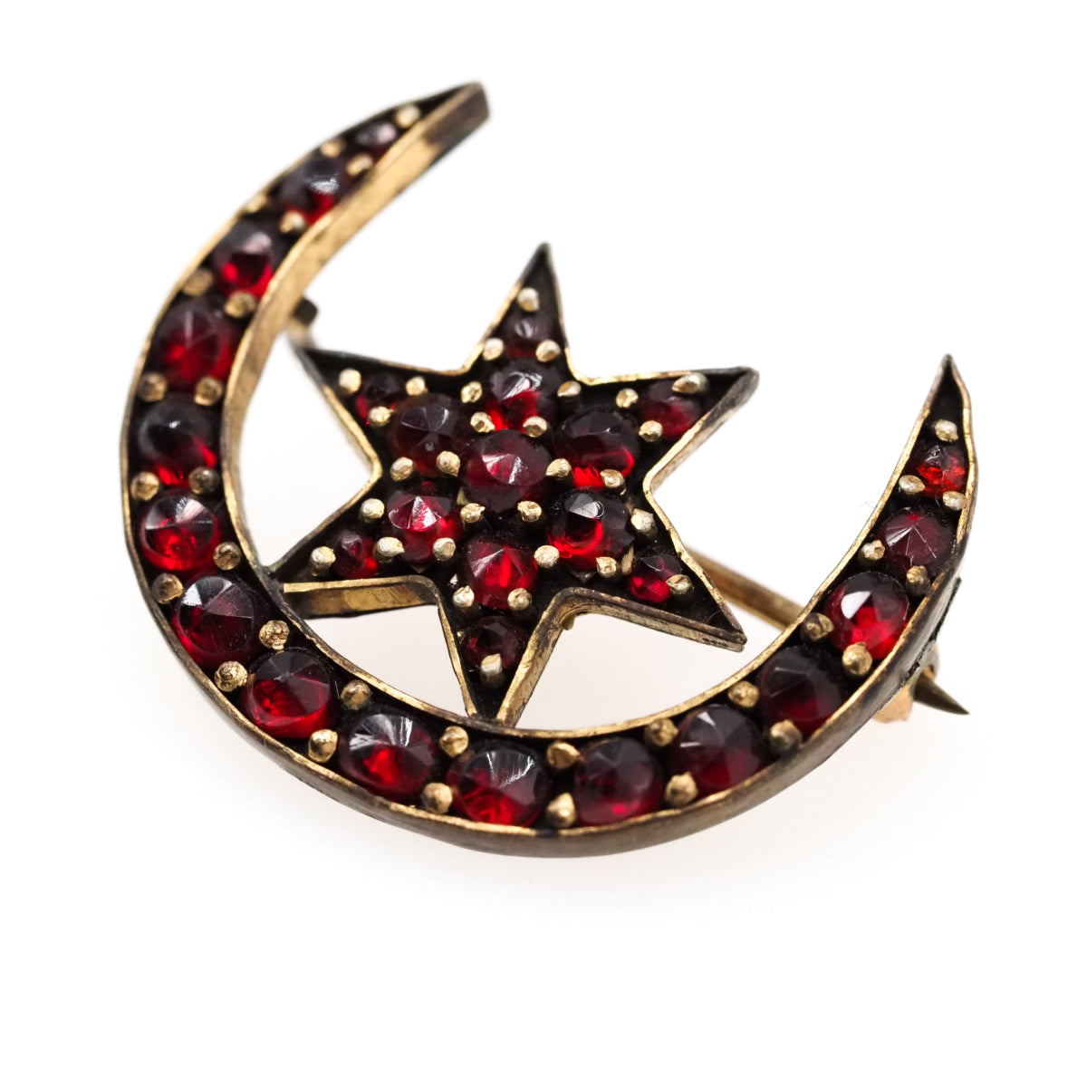 Antique 1910s Rose Cut Bohemian Garnet Star and Crescent Moon Cluster Gilt Brooch image 2