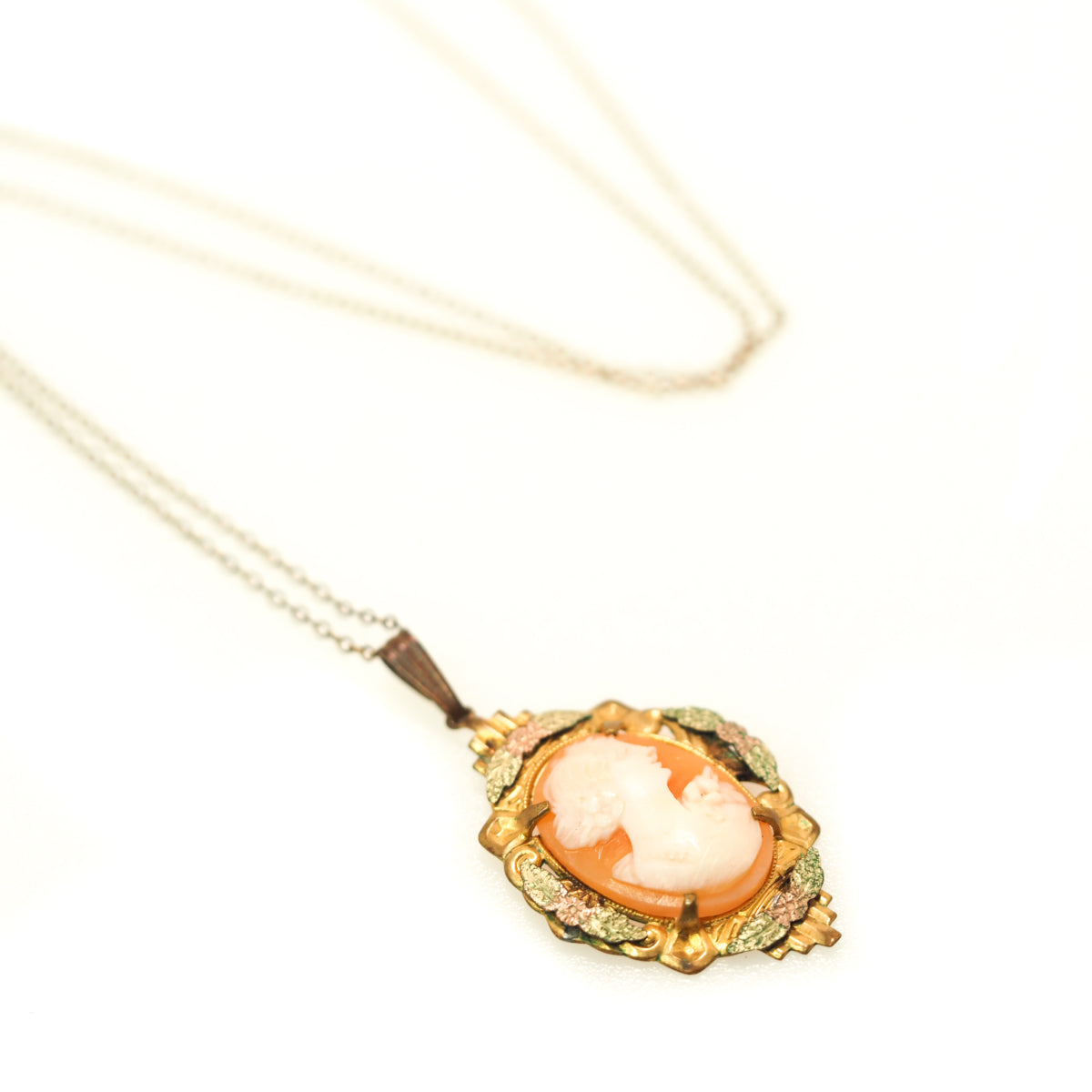 Antique 1910s Art Nouveau Pink Shell Cameo and Gold Filled Flower 18" Necklace image 2