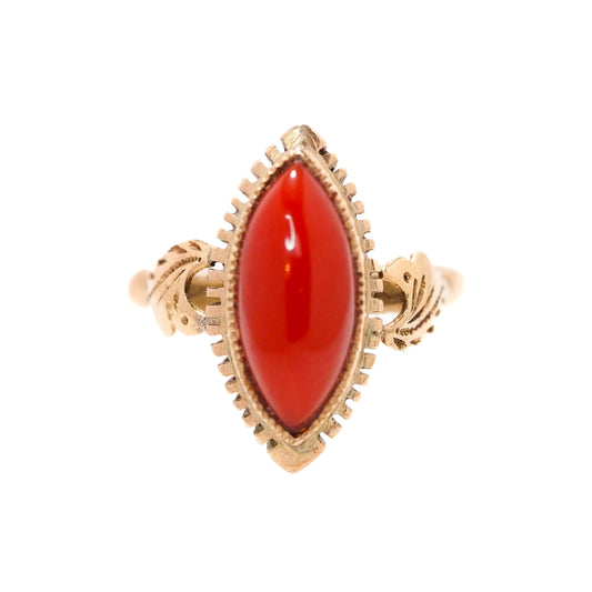 Antique 1860s Mid-Victorian Red Marquise Sardinian Coral and 18K Yellow Gold Ring Size 6.25 image 0