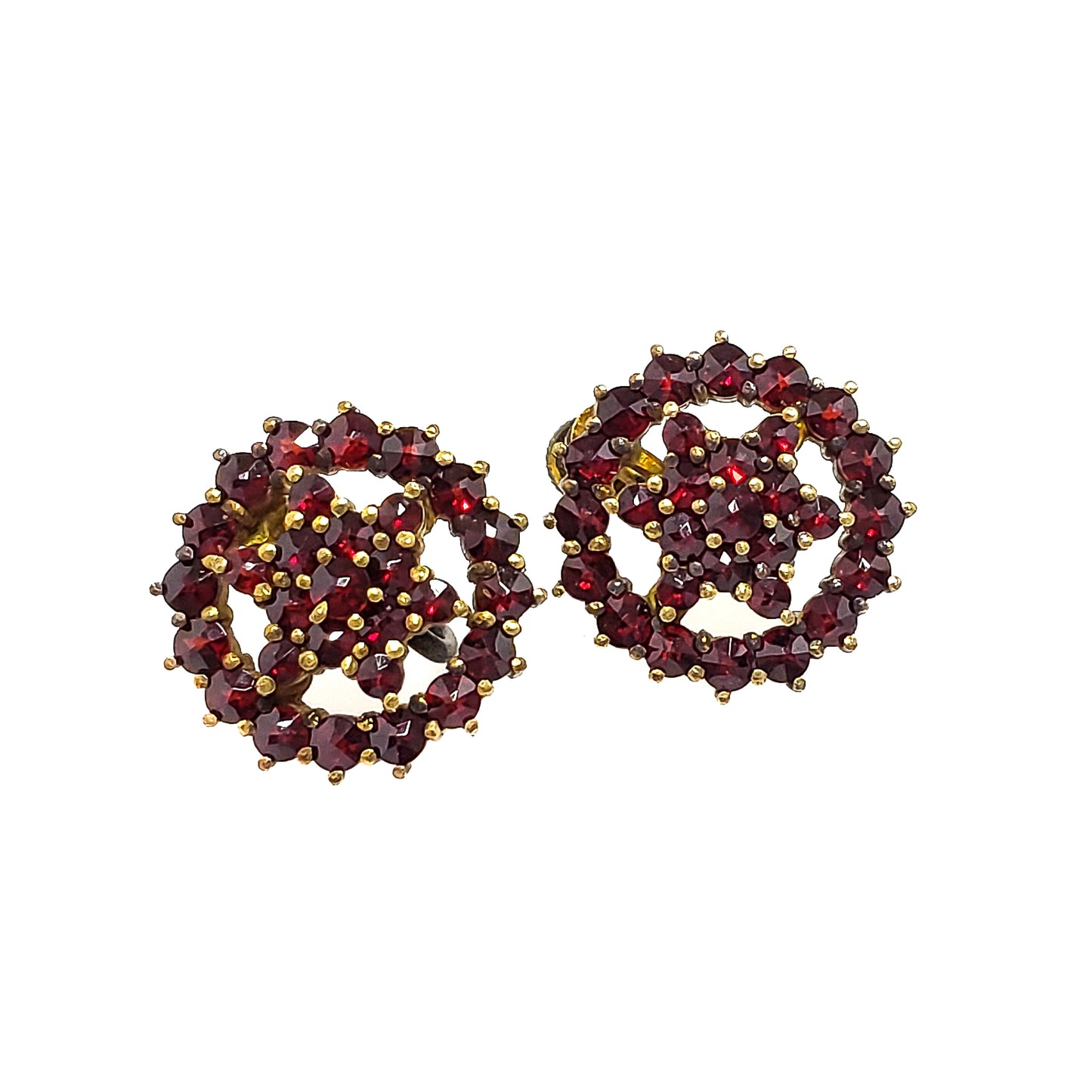 Vintage 1950s Bohemian Garnet and Gold Washed Screw Back Earrings - 50s Red Rose Cut Czech Garnet 900 Silver Cluster Non Pierced Earrings