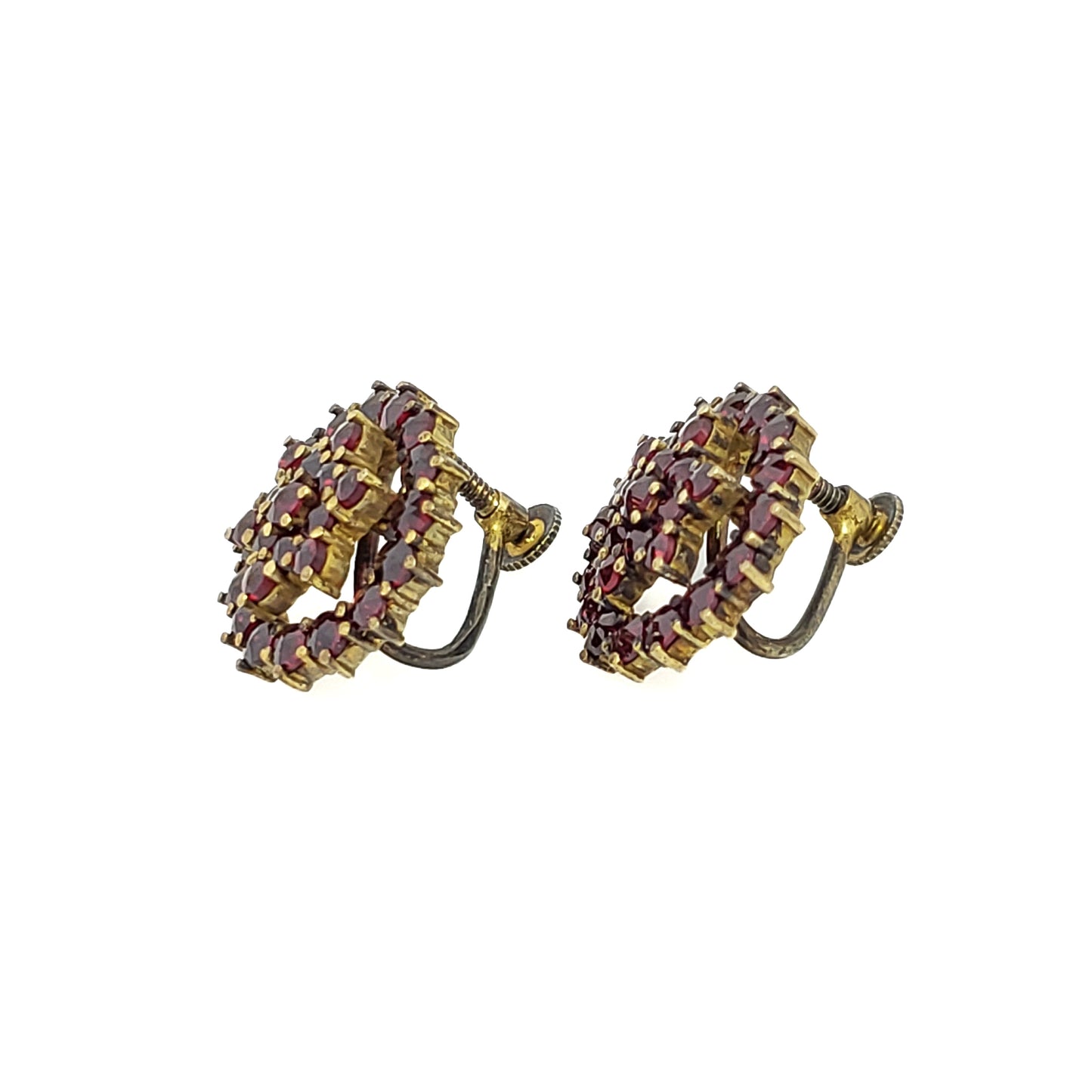Vintage 1950s Bohemian Garnet and Gold Washed Screw Back Earrings - 50s Red Rose Cut Czech Garnet 900 Silver Cluster Non Pierced Earrings