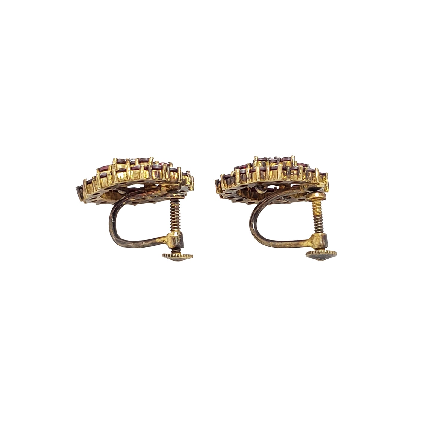 Vintage 1950s Bohemian Garnet and Gold Washed Screw Back Earrings - 50s Red Rose Cut Czech Garnet 900 Silver Cluster Non Pierced Earrings