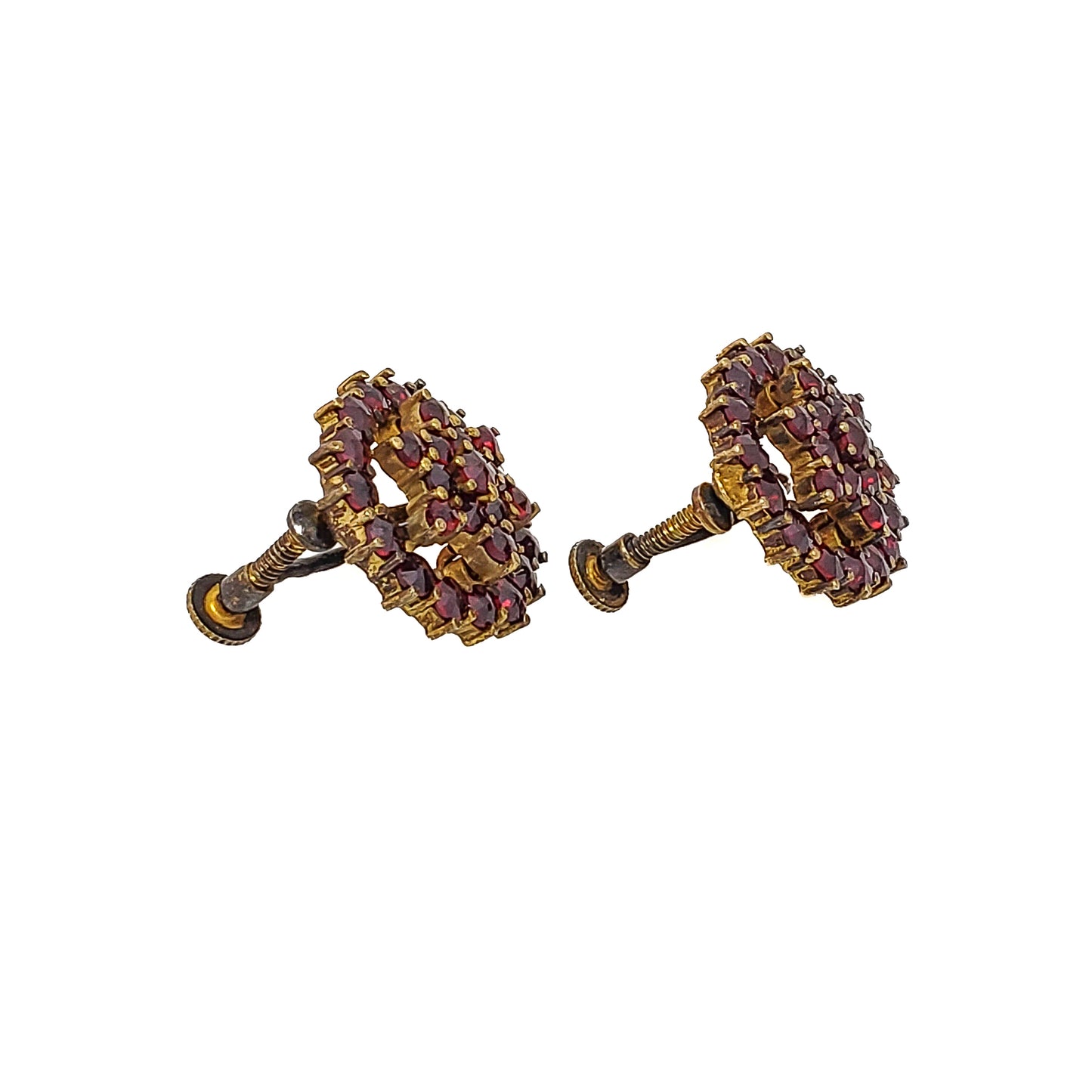 Vintage 1950s Bohemian Garnet and Gold Washed Screw Back Earrings - 50s Red Rose Cut Czech Garnet 900 Silver Cluster Non Pierced Earrings