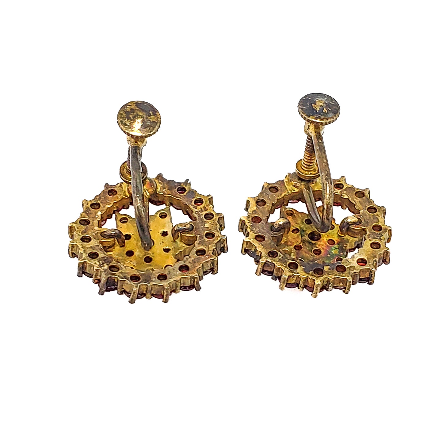 Vintage 1950s Bohemian Garnet and Gold Washed Screw Back Earrings - 50s Red Rose Cut Czech Garnet 900 Silver Cluster Non Pierced Earrings