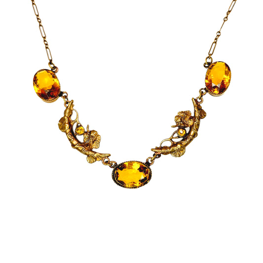 Vintage 1930s Art Deco Brass and Orange Glass Moon and Flower 16" Necklace