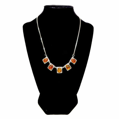 Vintage 1990s Sun-Spangled Amber and Sterling Silver Bib Choker 17.5" Necklace