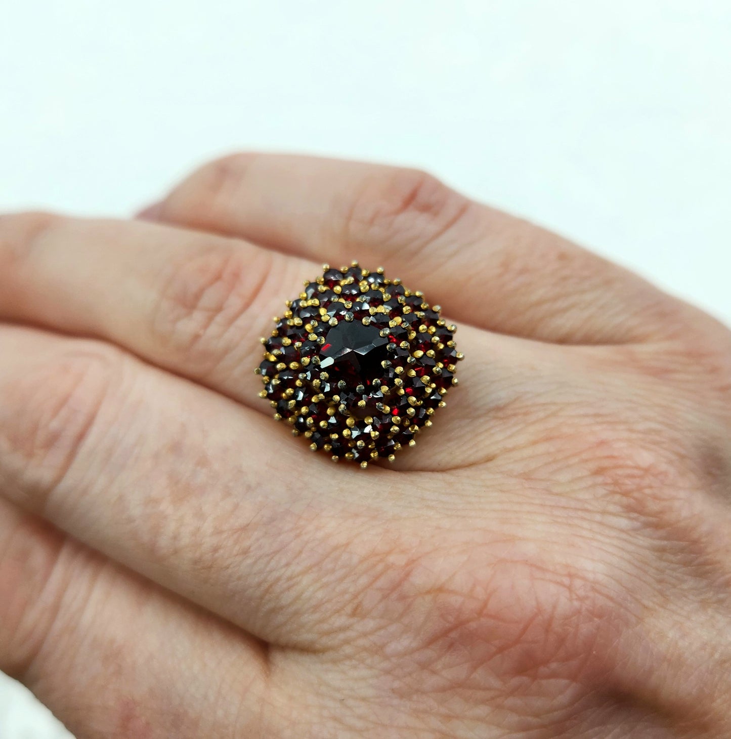 Vintage 1960s Red Rose Cut Pyrope Garnet, Sterling Silver Gold Wash Cluster Ring Size 6.5