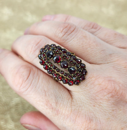 Antique 1880s Victorian Rose Cut Bohemian Garnet and Gold Wash Large Statement Cocktail Ring Size 7.75