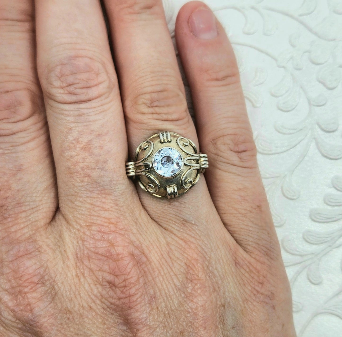 Vintage 1940s Retro Art Deco Light Blue Glass and 835 Silver Solitaire Ring Size 6.75