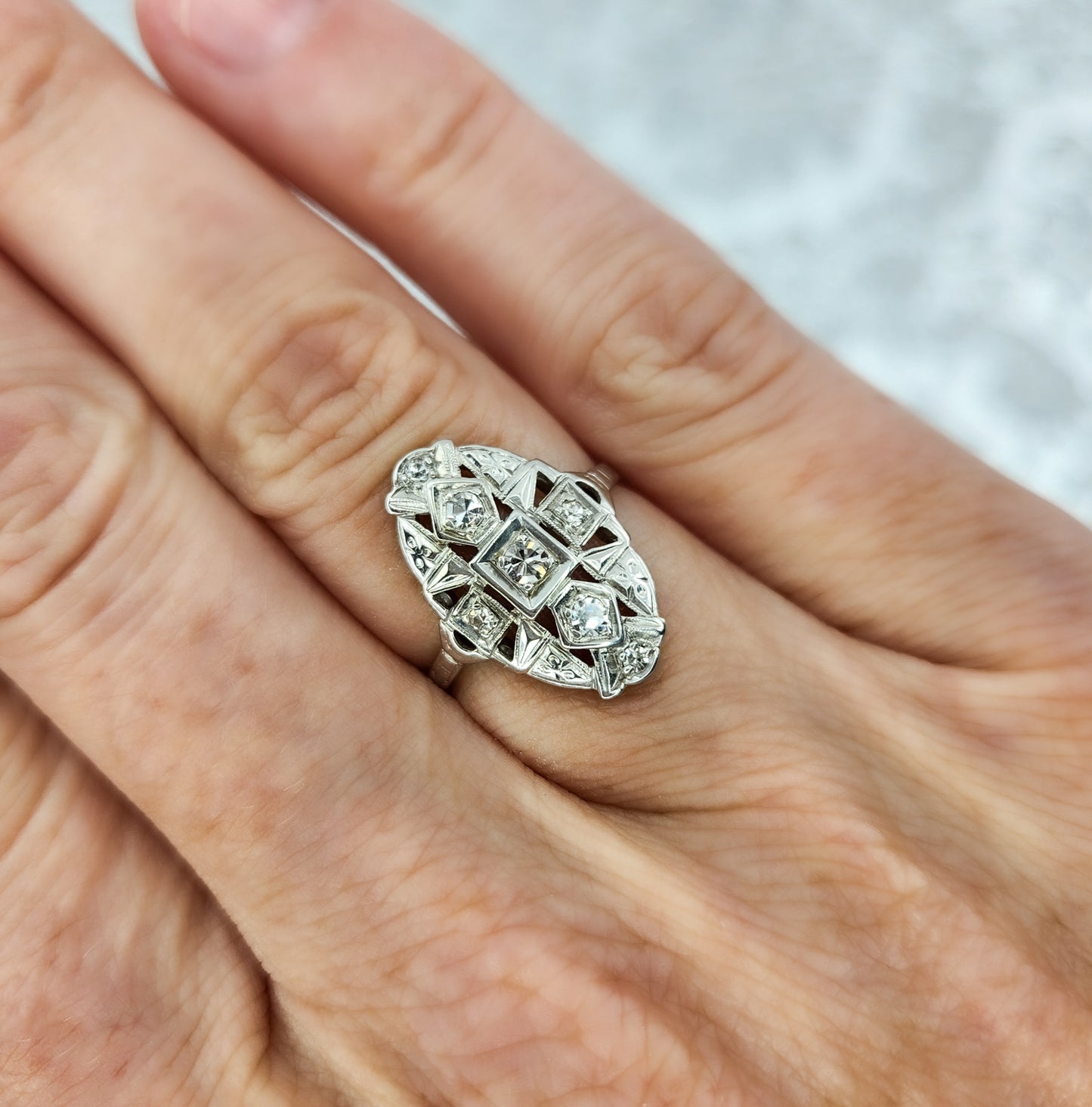 Vintage 1930s Art Deco Diamond and 14K White Gold Ring Size 6.25