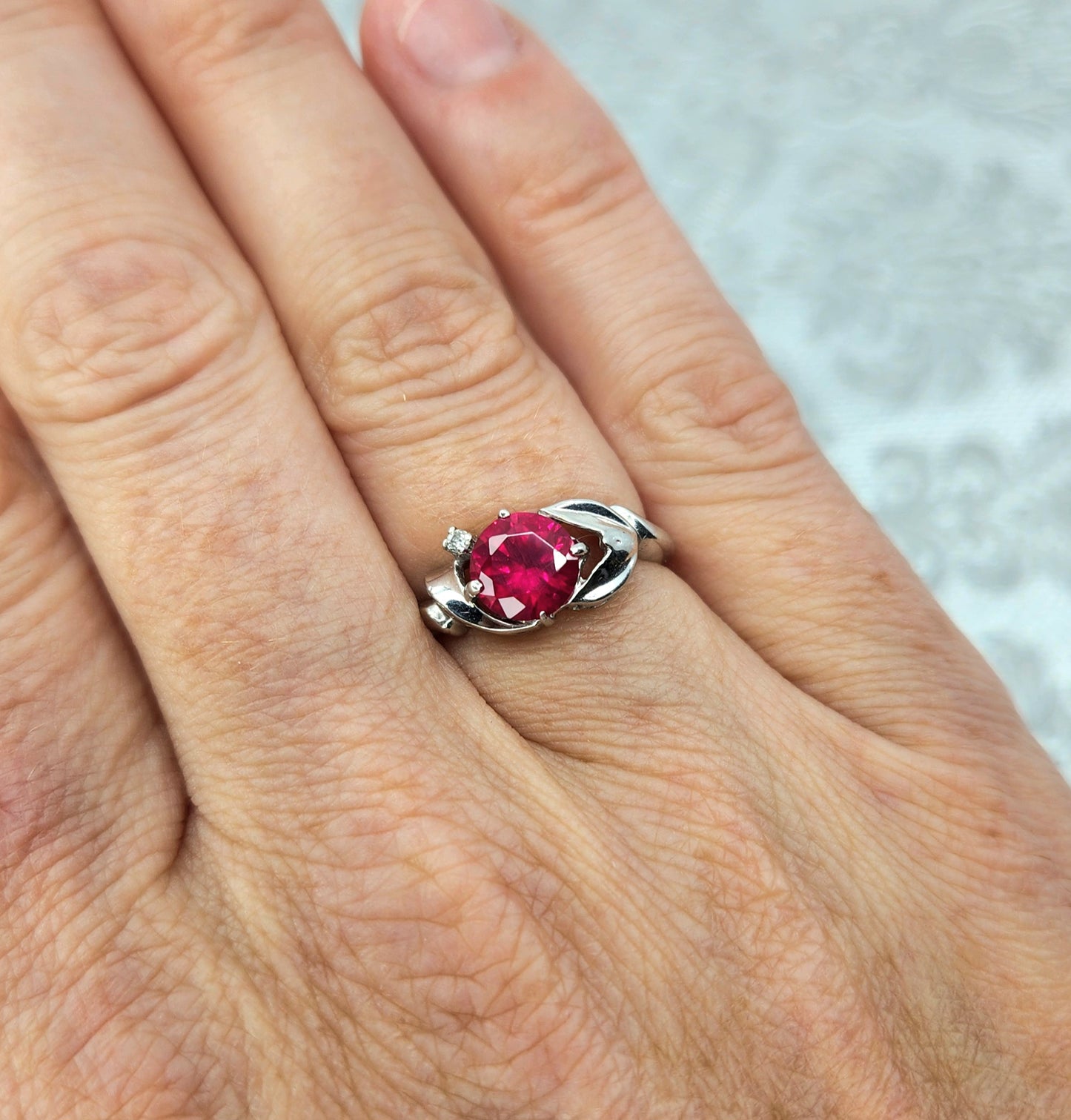 Vintage 1960s DASON Lab Ruby and Diamond 10K White Gold Ring Size 6.25