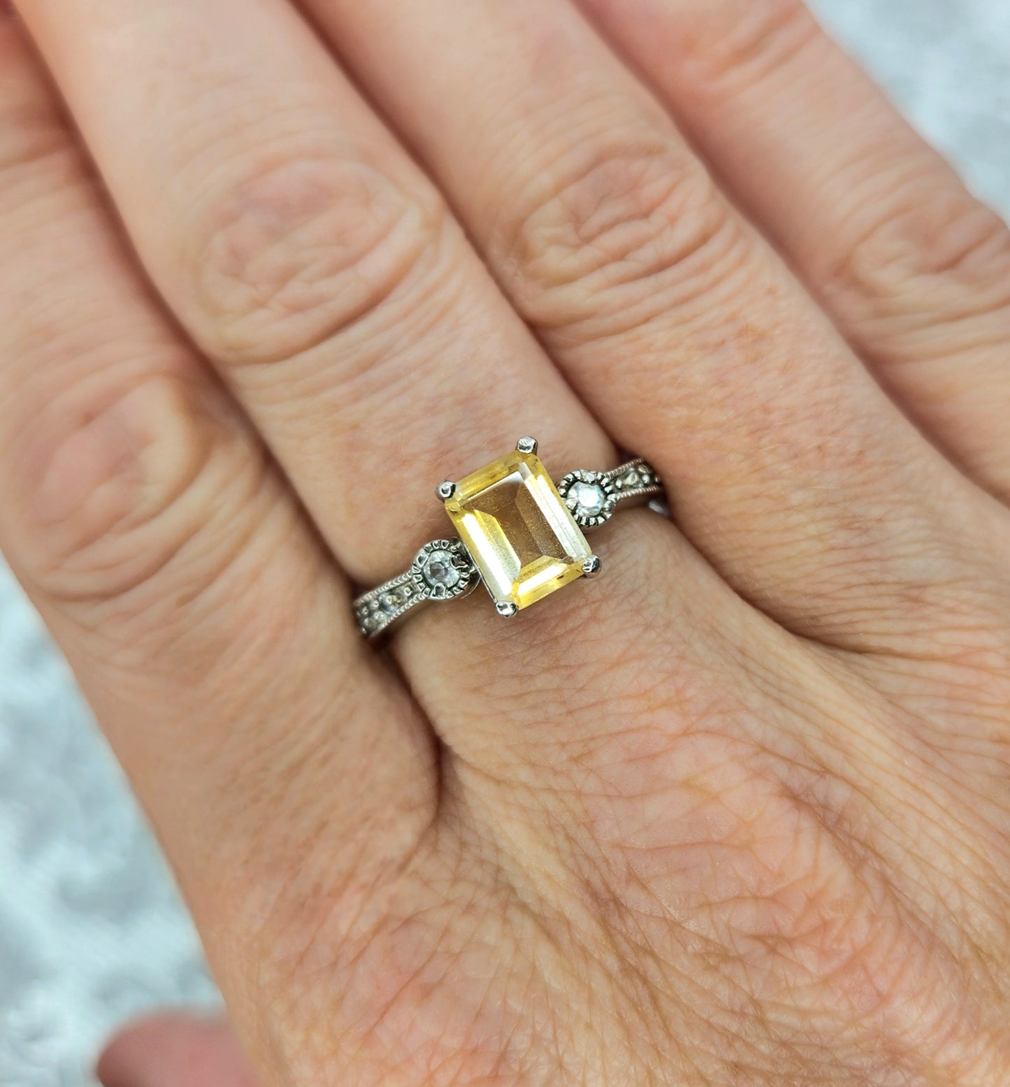 Vintage 1990s Citrine and Sterling Silver, and Cubic Zirconia Ring Size 8.25