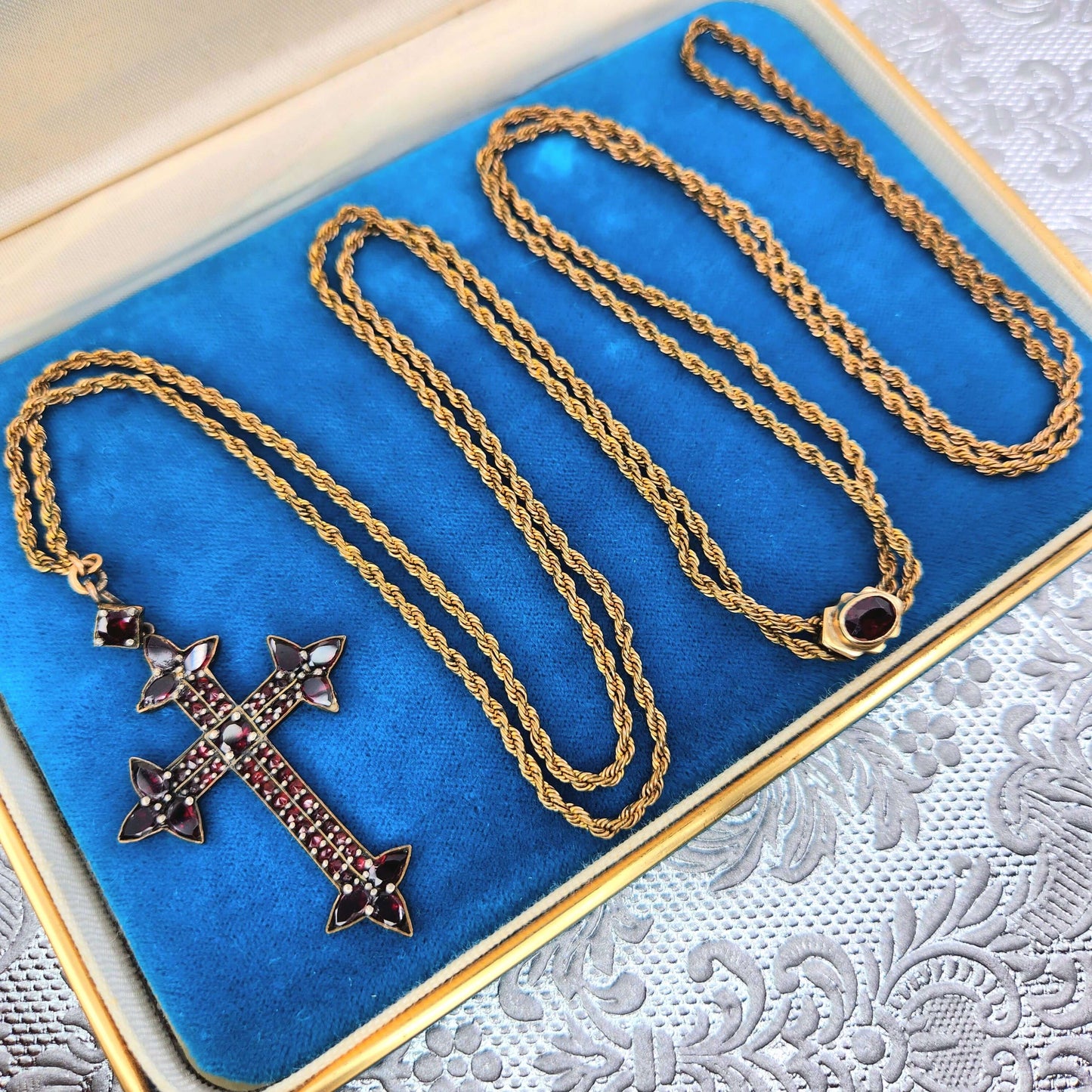 Antique 1890s Victorian Bohemian Garnet and Opal Cross Slide Long Watch Chain 48" Necklace