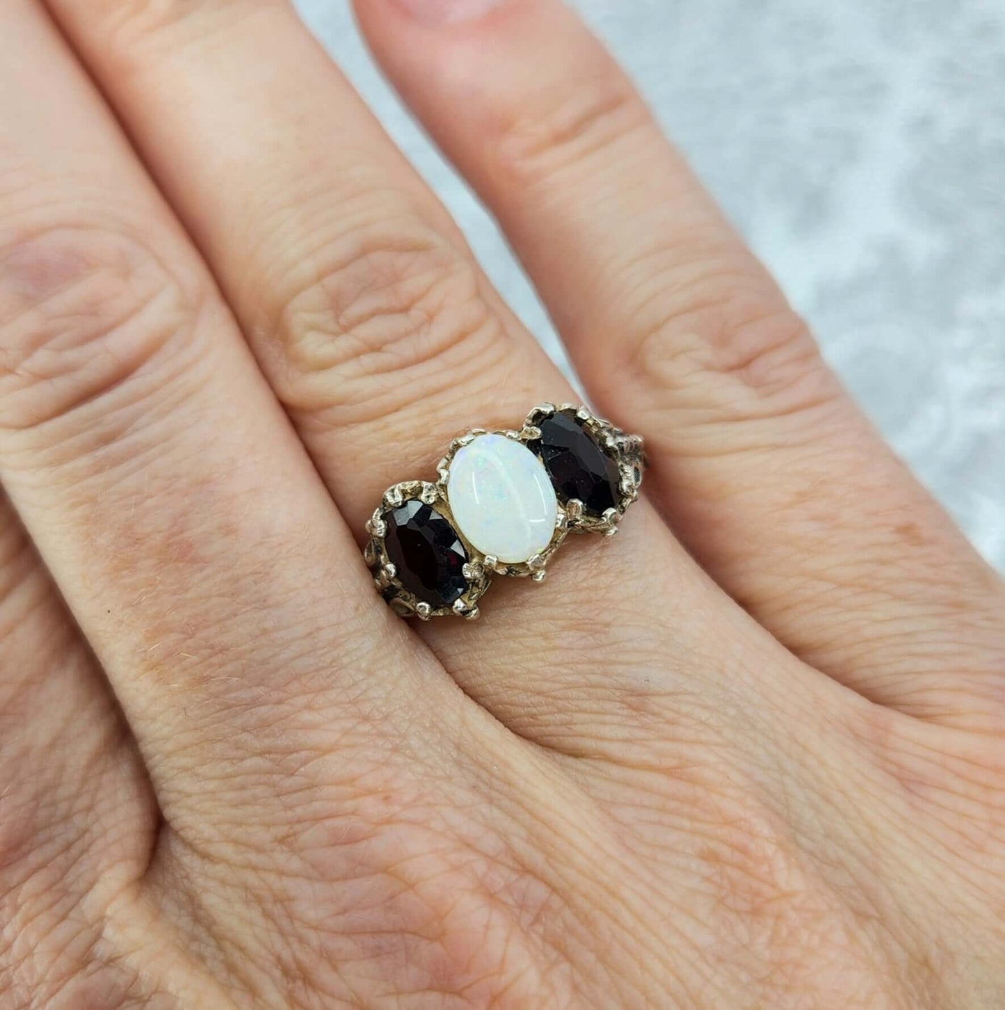 Vintage 1970s Opal, Spessartine Garnet, and Sterling Silver Three Stone Ring Size 7.25