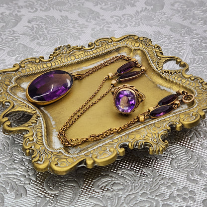 Antique 1900s Art Nouveau Purple Glass and Gold Filled 20" Necklace