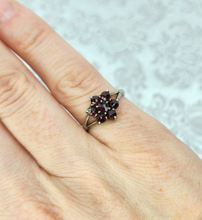 Vintage 1960s Rose Cut Pyrope Red Garnet Cluster Flower 800 Silver Ring Size 5.75