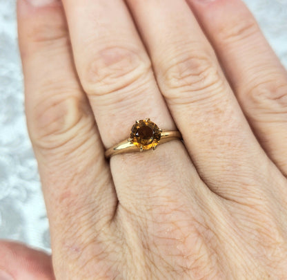 Antique 1900s Edwardian 10K Yellow Gold Shell and Orange Glass Solitaire Ring Size 7.75