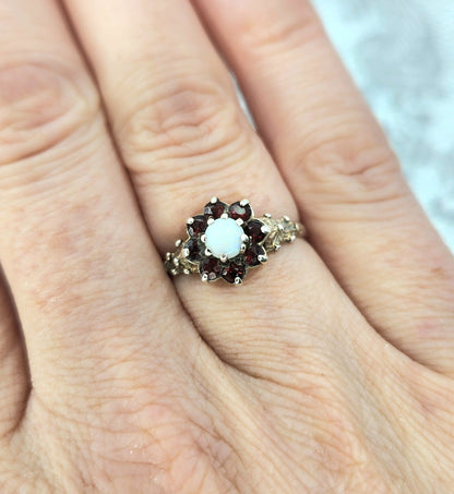 Vintage 1970s Opal, Spessartine Garnet, and Sterling Silver Flower Cluster Ring Size 6.5