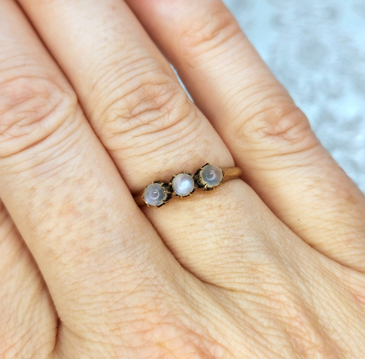 Antique 1890s Late Victorian Moonstone and 14K Yellow Gold Three Stone Ring Size 7.5