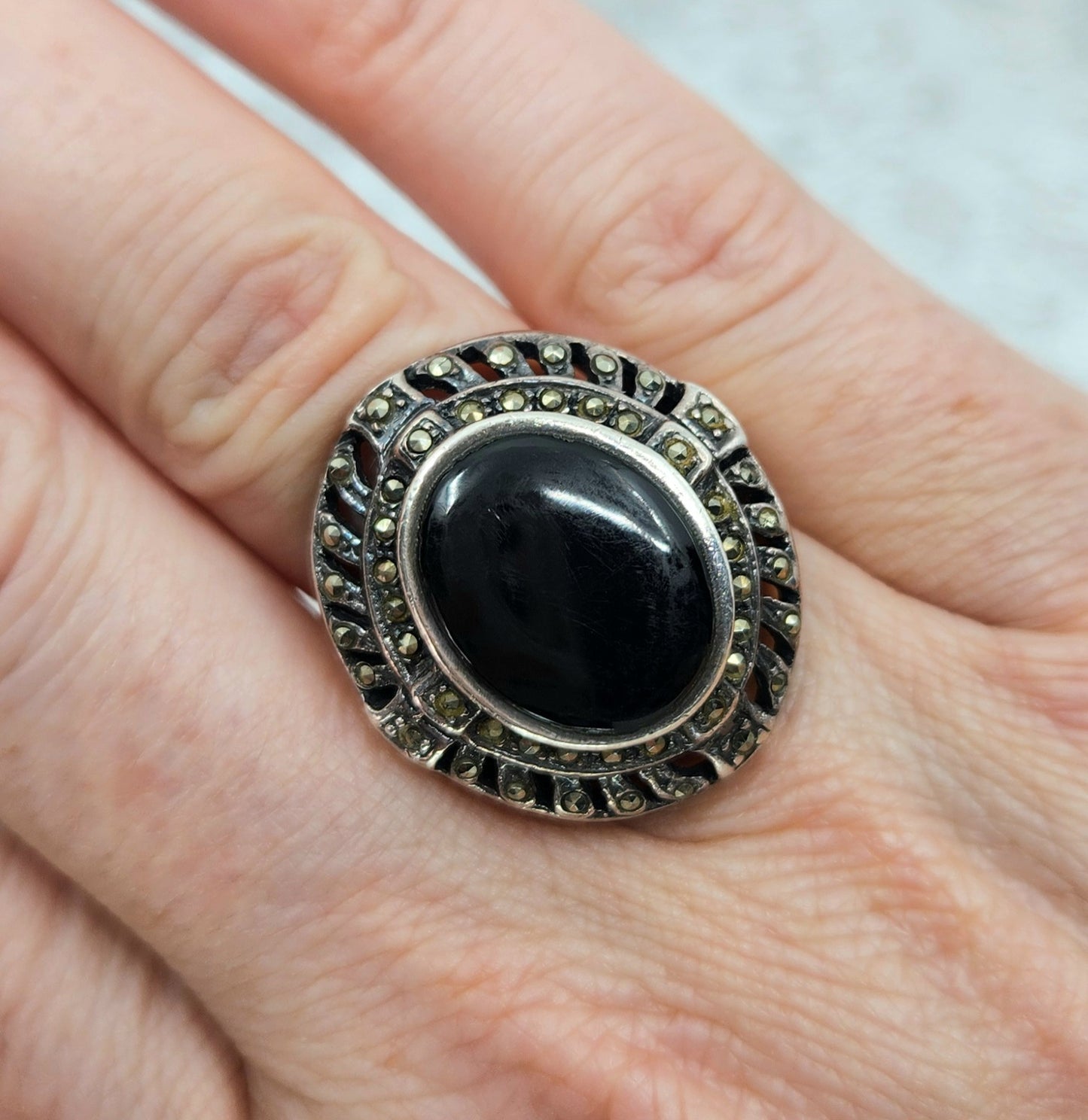 Vintage 1980s Black Onyx, Marcasite, and Sterling Silver Chunky Unisex Ring Size 7.25