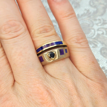 Vintage 1990s Sterling Silver, Lab Sapphire, Sugilite, Lapis, Vermeil Double Band Ring Size 8