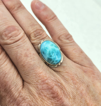Vintage 1990s Blue Larimar and Sterling Silver Southwestern Solitaire Ring Size 8.25