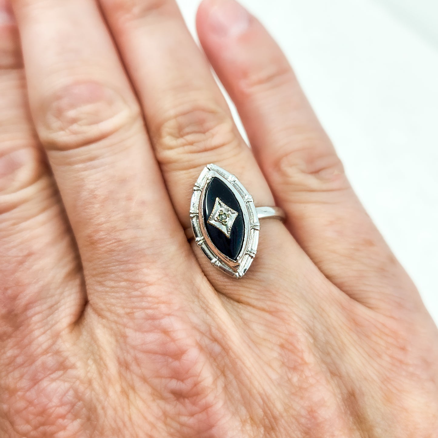 Vintage 1970s Art Deco Revival Black Onyx, Sterling, and Diamond Marquise Ring Size 7