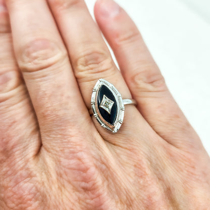 Vintage 1970s Art Deco Revival Black Onyx, Sterling, and Diamond Marquise Ring Size 7