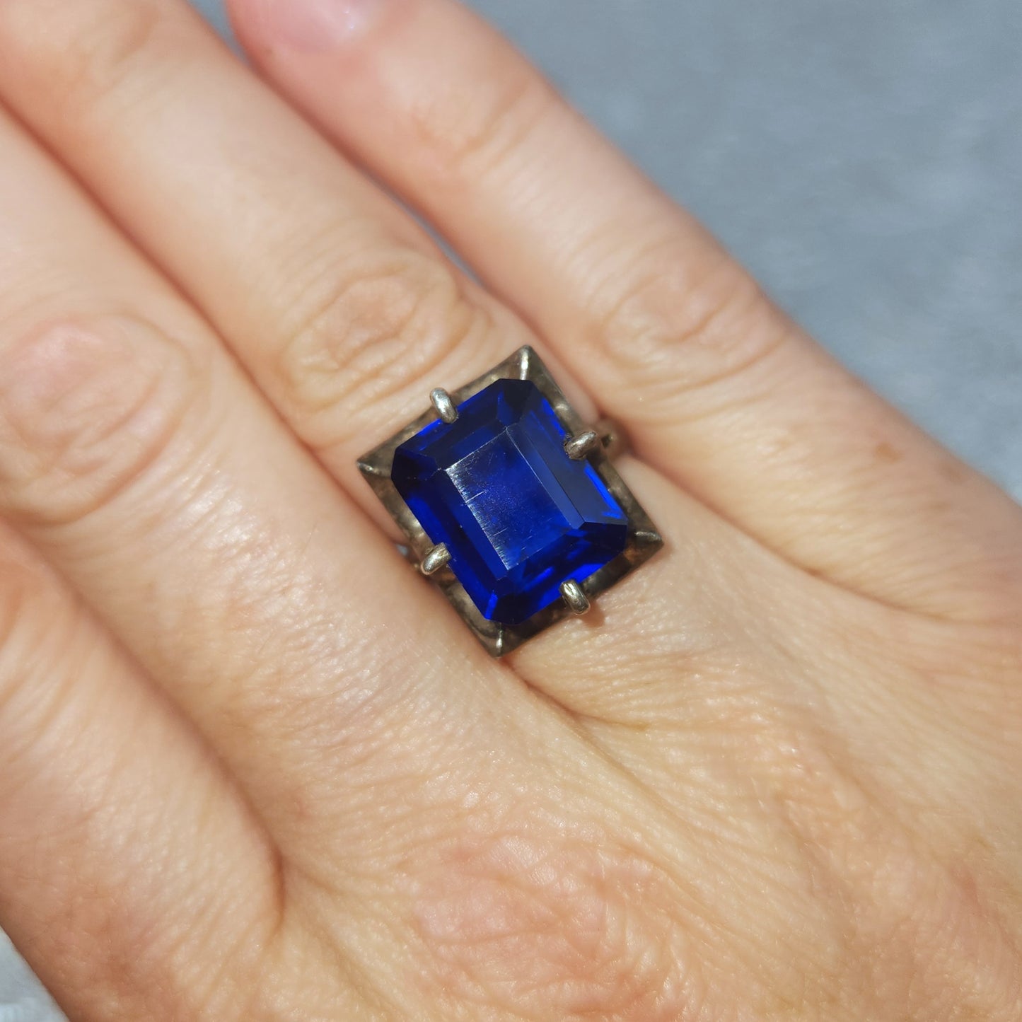 Vintage 1970s Blue Glass Sterling Statement Ring Size 6