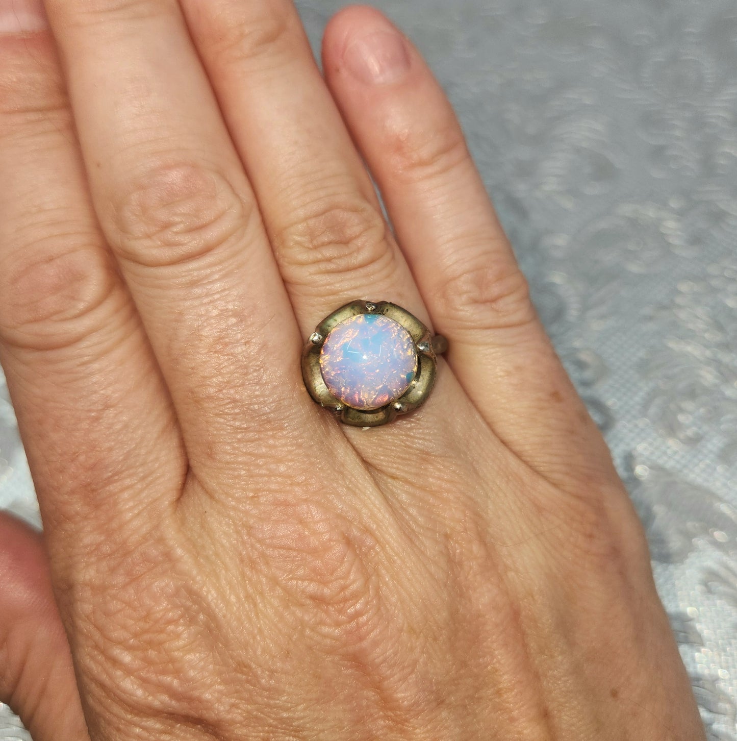 Vintage 1970s Opalescent Glass Flower Mexican Sterling Ring Size 7