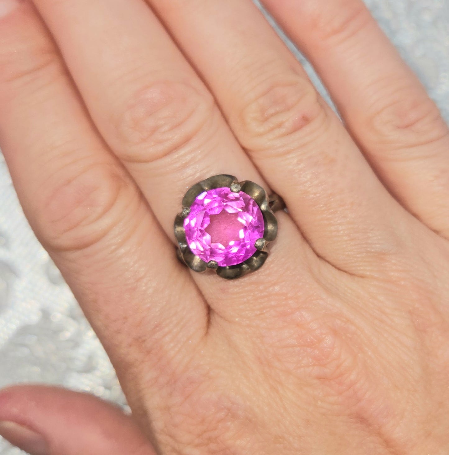 Vintage 1970s Pink Glass Flower Mexican Sterling Ring Size 8.5