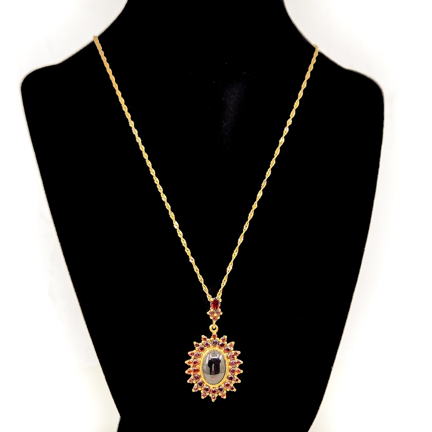 Vintage 1990s Red Garnet and Gold Washed Sterling Silver Bohemian Style Cluster 18" Necklace