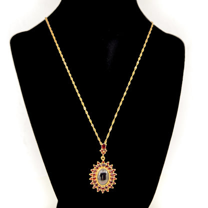 Vintage 1990s Red Garnet and Gold Washed Sterling Silver Bohemian Style Cluster 18" Necklace