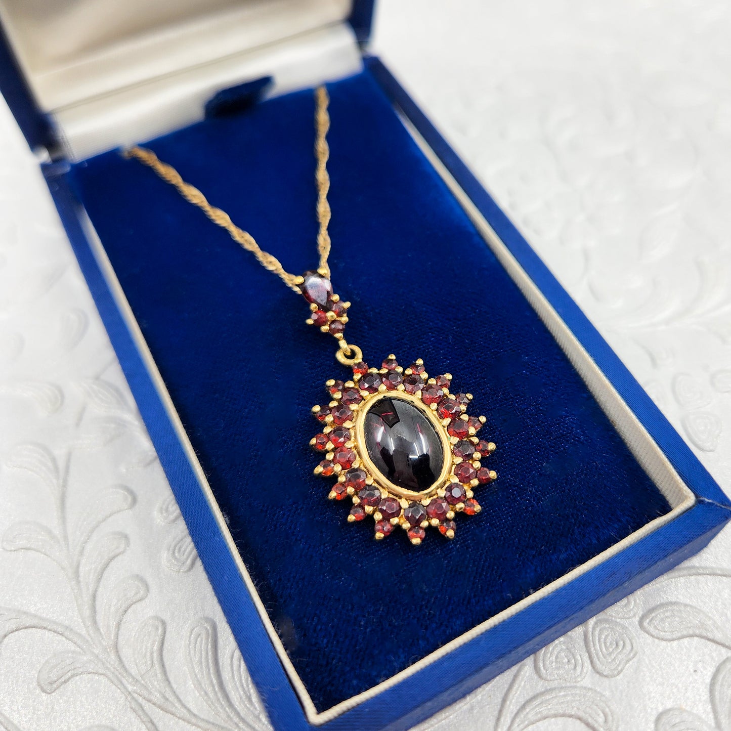 Vintage 1990s Red Garnet and Gold Washed Sterling Silver Bohemian Style Cluster 18" Necklace