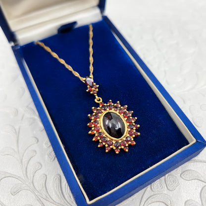 Vintage 1990s Red Garnet and Gold Washed Sterling Silver Bohemian Style Cluster 18" Necklace