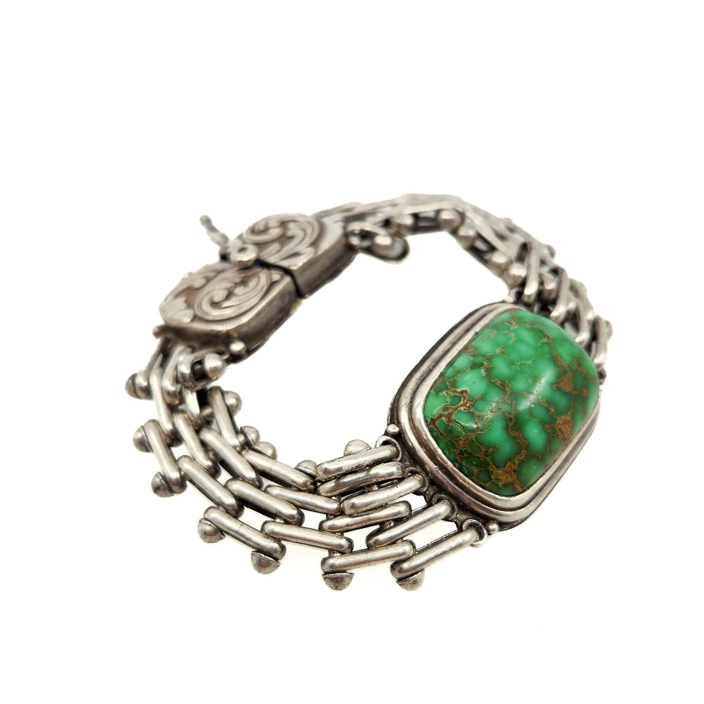 Vintage 1980s Green Turquoise and Sterling Silver Link 7" Bracelet