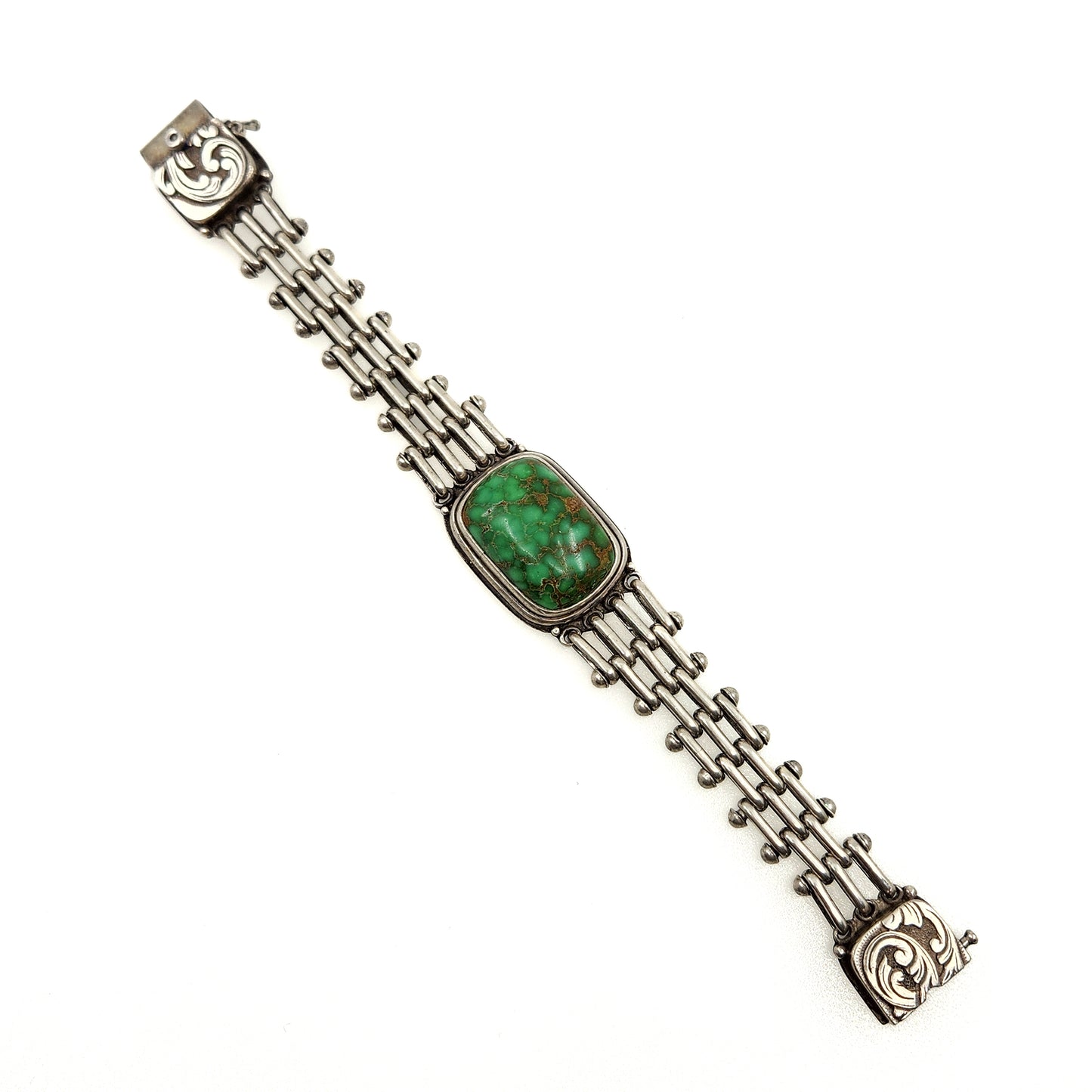 Vintage 1980s Green Turquoise and Sterling Silver Link 7" Bracelet