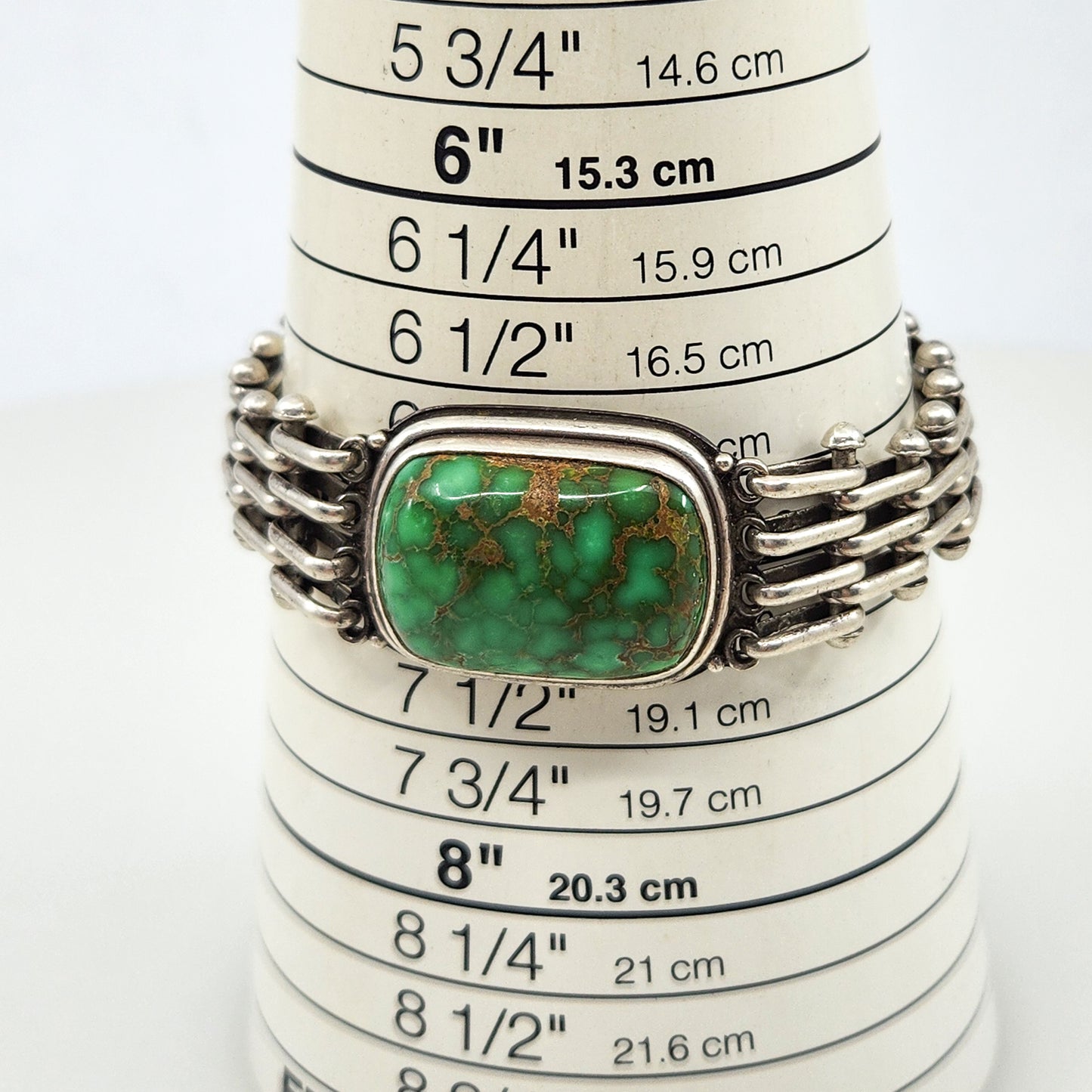 Vintage 1980s Green Turquoise and Sterling Silver Link 7" Bracelet
