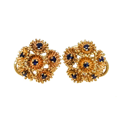 Vintage 1960s Blue Sapphire and 14 Karat Yellow Gold Pierced Flower Earrings