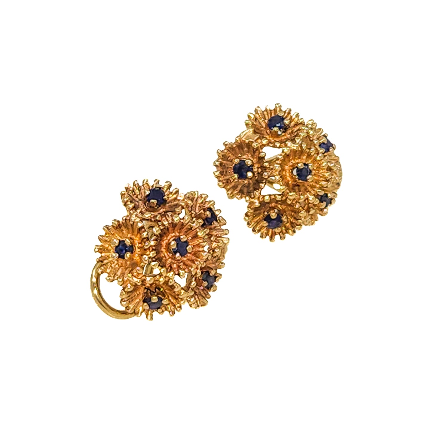 Vintage 1960s Blue Sapphire and 14 Karat Yellow Gold Pierced Flower Earrings