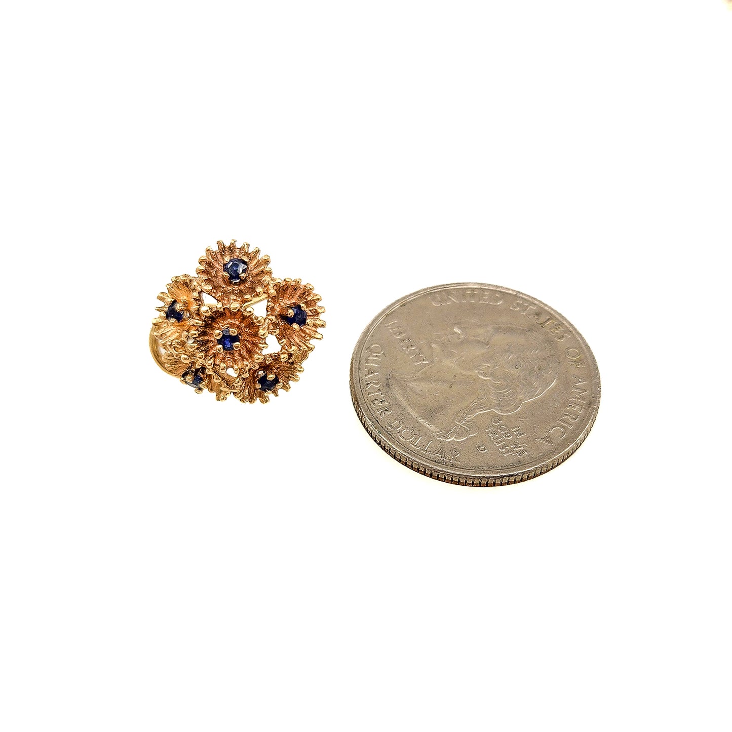 Vintage 1960s Blue Sapphire and 14 Karat Yellow Gold Pierced Flower Earrings